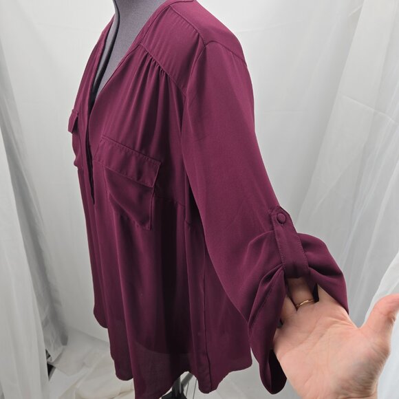 810-2 Torrid Purple/Burgandy Harper ¾ sleeve hi-low Tunic Blouse Size 2 18/20 - Picture 4 of 12